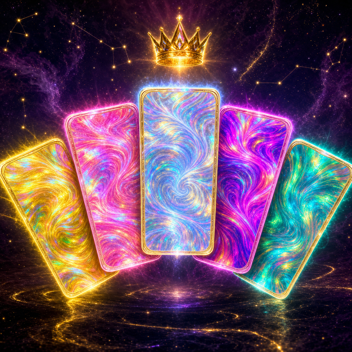 Crown TCG Learn to Play hub — five holographic foil cards fanned beneath a golden crown
