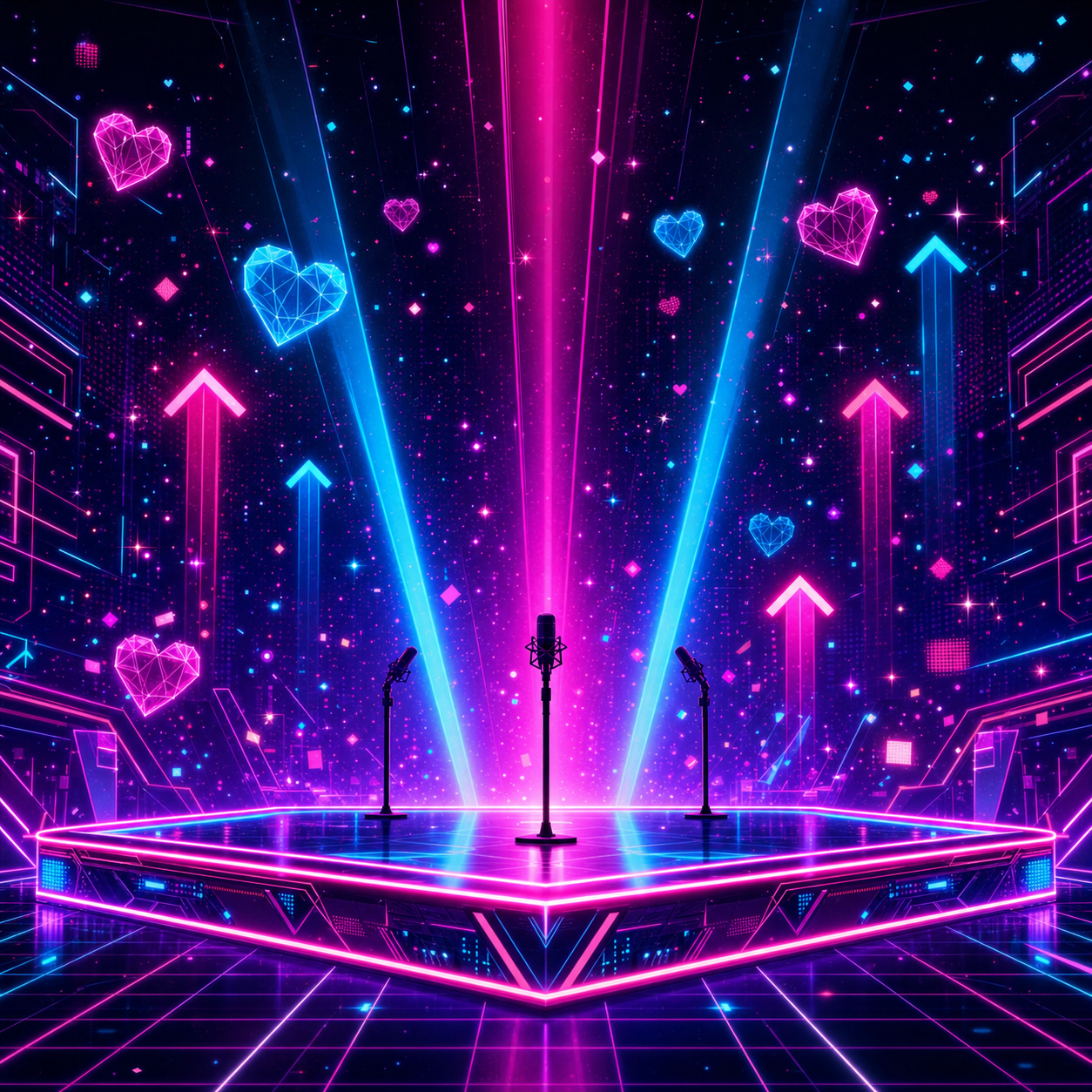 Oshi Push TCG — neon synthwave stage with microphones and subscriber hearts