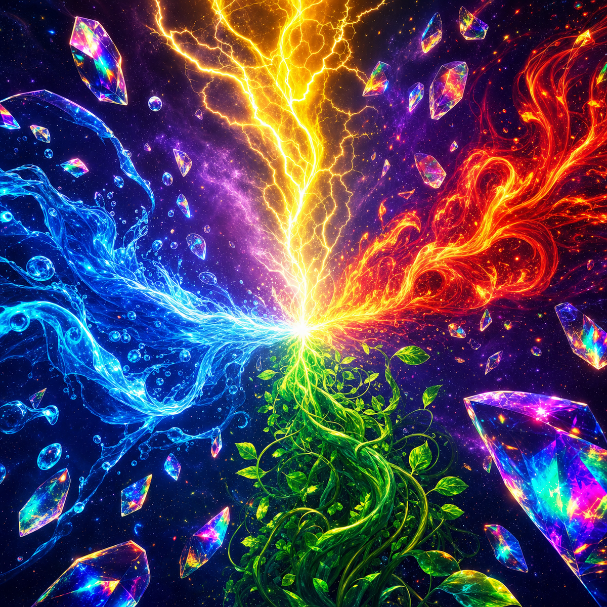 Pokémon TCG Mega Evolution — abstract elemental energy burst (lightning, fire, water, grass)