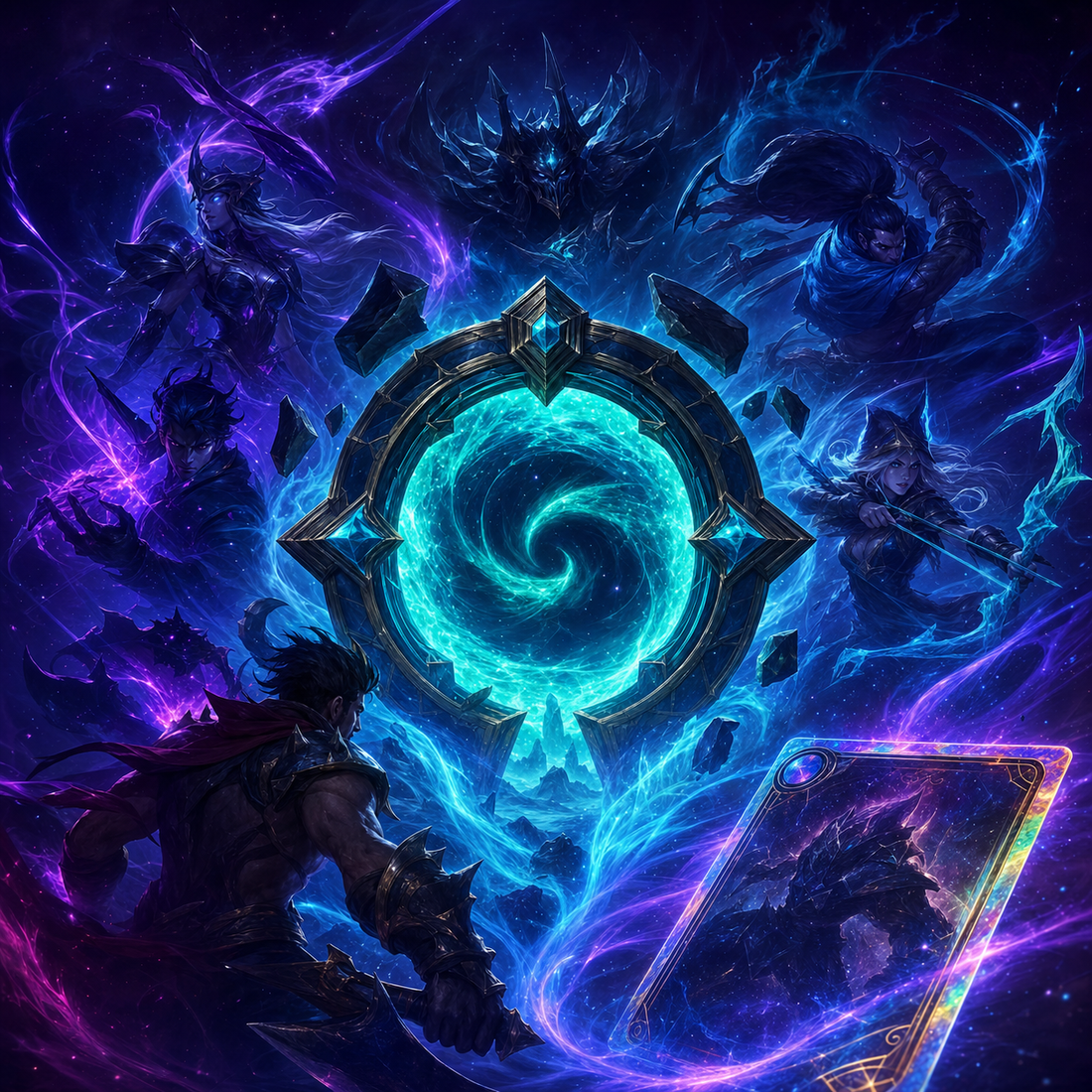 Riftbound League of Legends TCG — glowing teal Hexgate portal with champion silhouettes