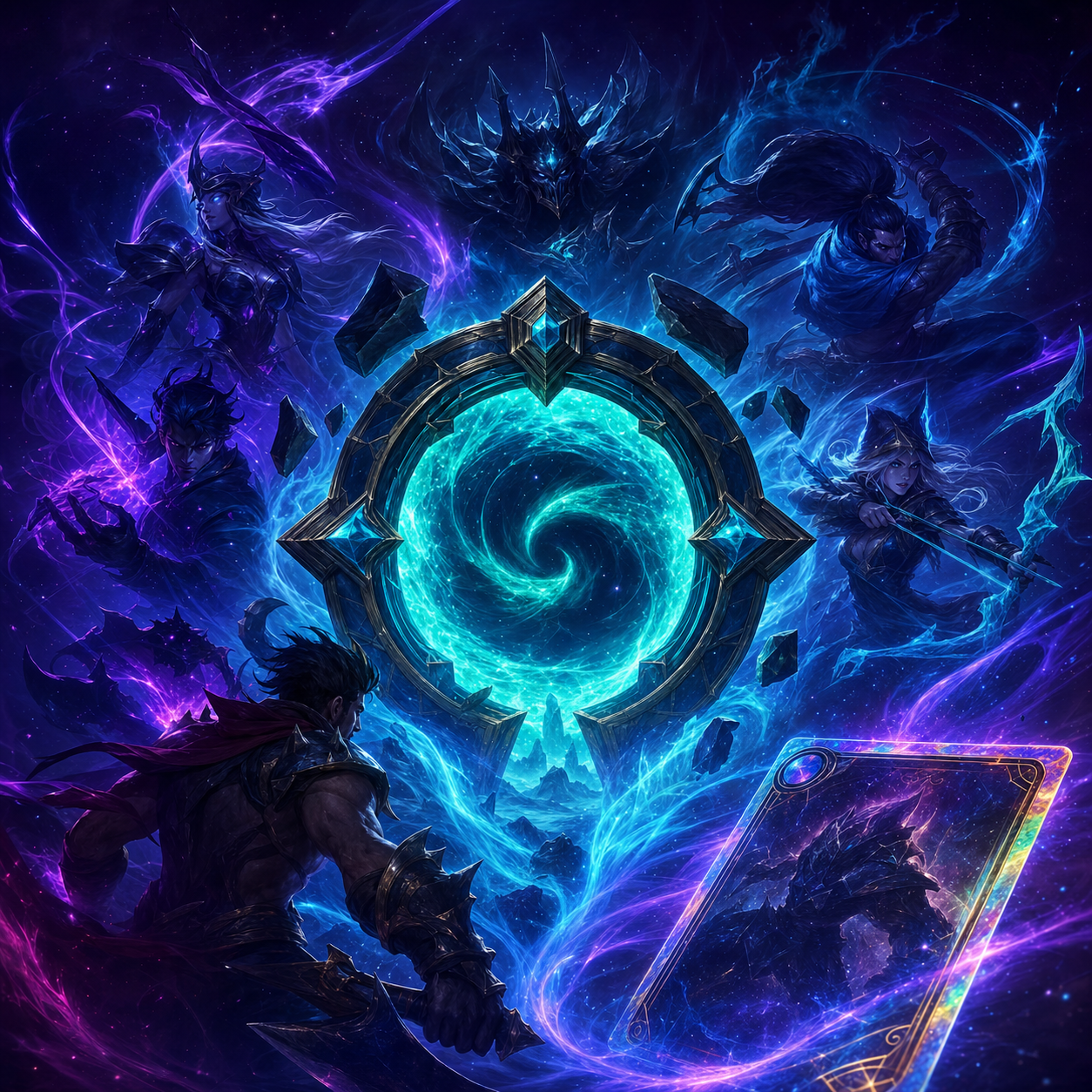 Riftbound League of Legends TCG — glowing teal Hexgate portal with champion silhouettes