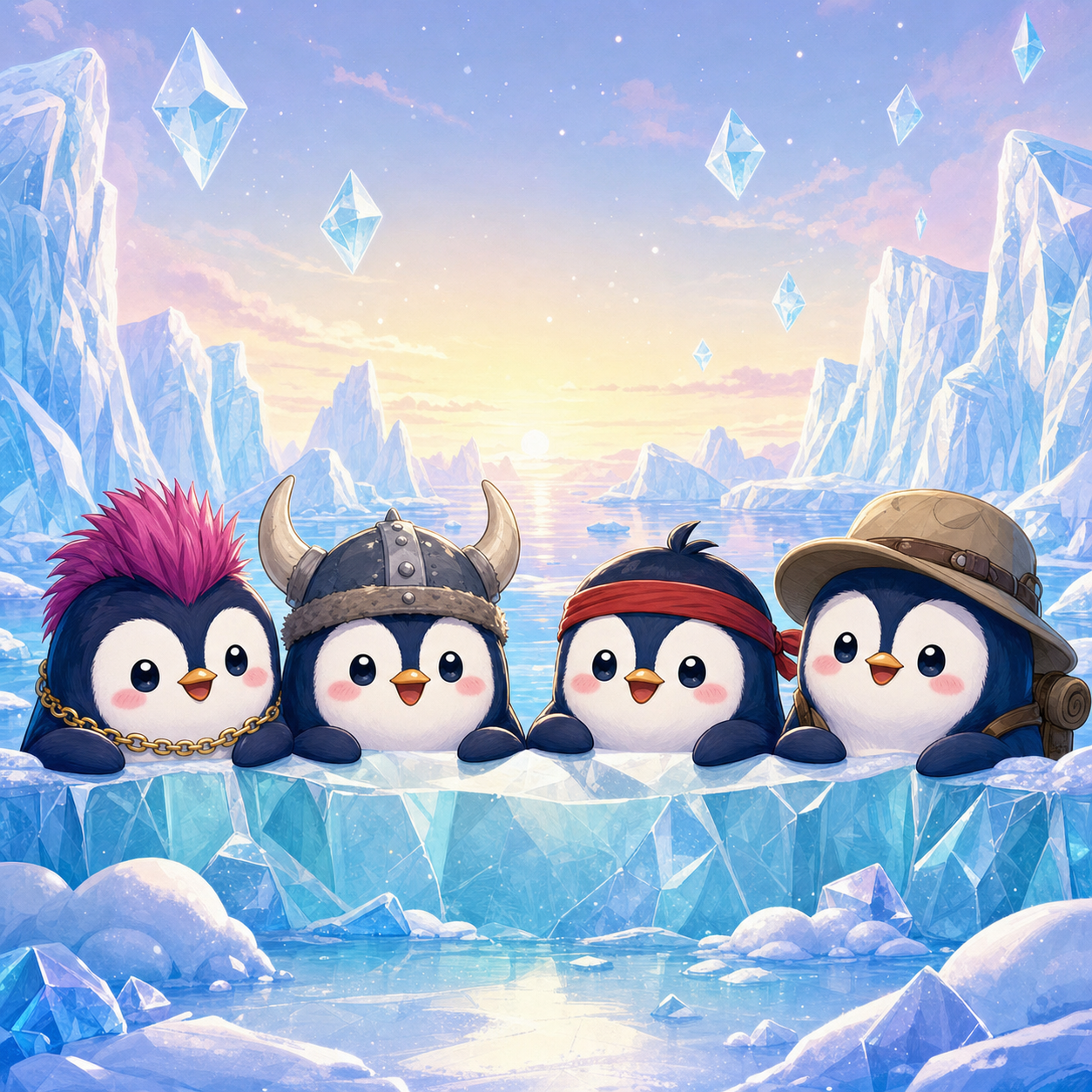 Vibes TCG — chibi Pudgy Penguins in costumes peeking over an Arctic ice ledge
