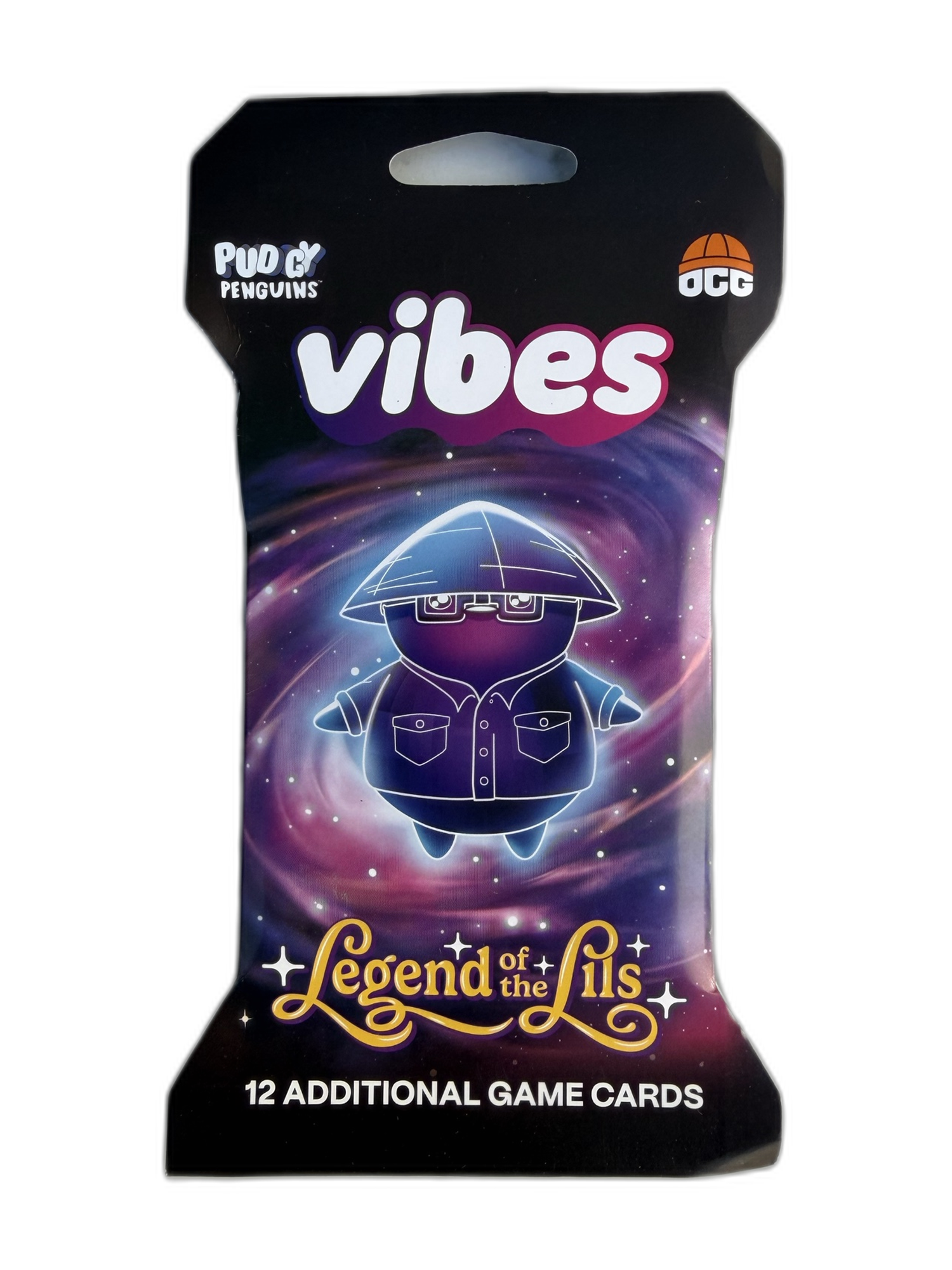 Vibes TCG Legend of the Lils sleeved pack — Cosmos variant featuring an explorer penguin in a galaxy